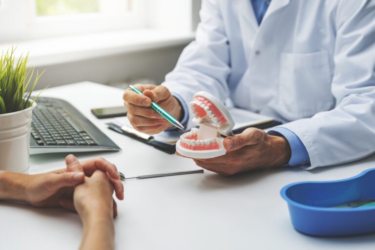 Dentist uses a pen and dental model to explain teeth to a patient during a consultation