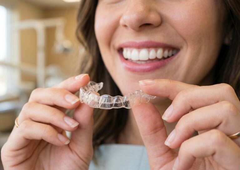 Smiling woman holding a clear dental aligner in front of her teeth