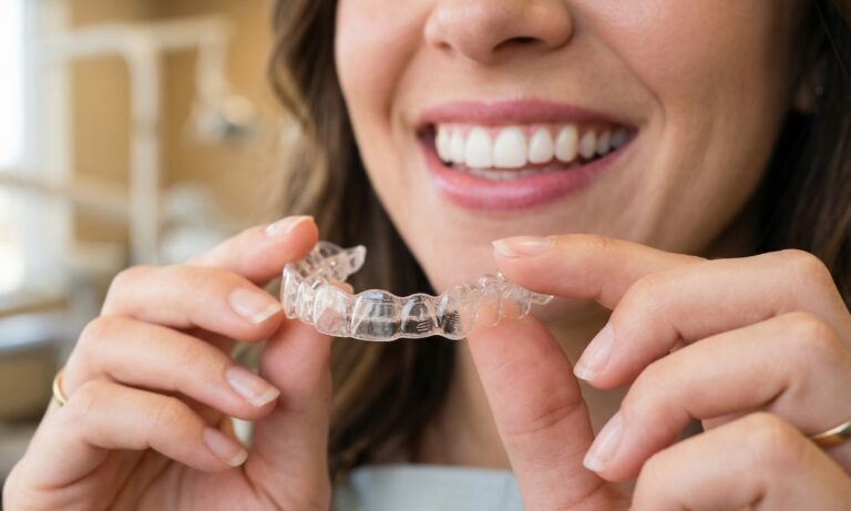 Smiling woman holding a clear dental aligner in front of her teeth