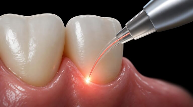 Dental laser tool treating the gumline between two teeth with a small red light