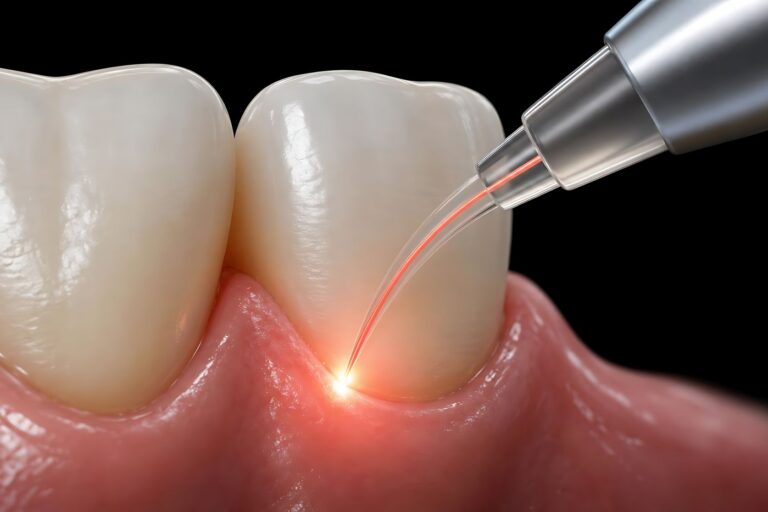 Dental laser tool treating the gumline between two teeth with a small red light
