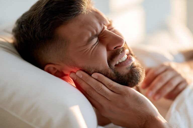 Man grimacing in bed while holding his jaw near a red-highlighted painful area by his ear