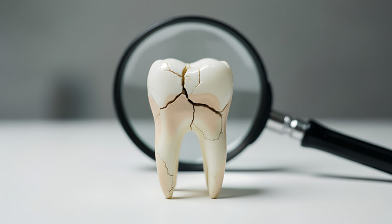 Cracked model tooth in front of a magnifying glass on a white surface