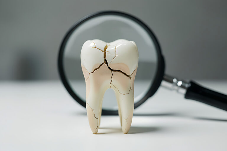 Cracked model tooth in front of a magnifying glass on a white surface