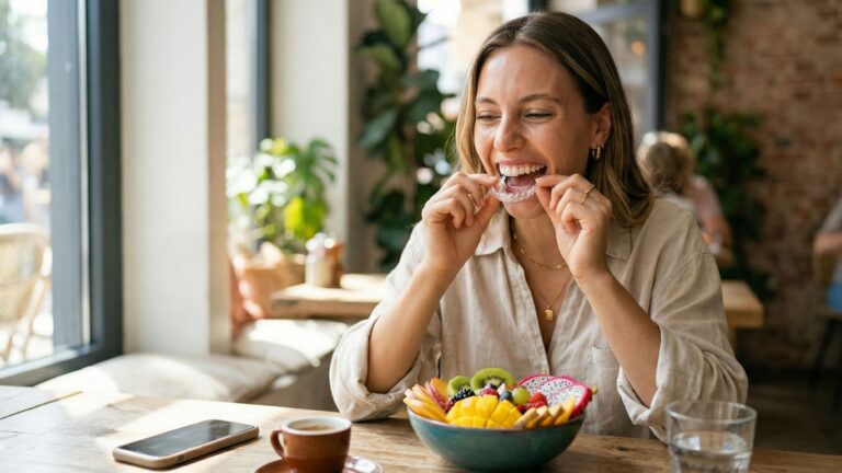 Woman seating a clear aligner tray while sitting at a café table with a bowl of fruit and a cup of coffee