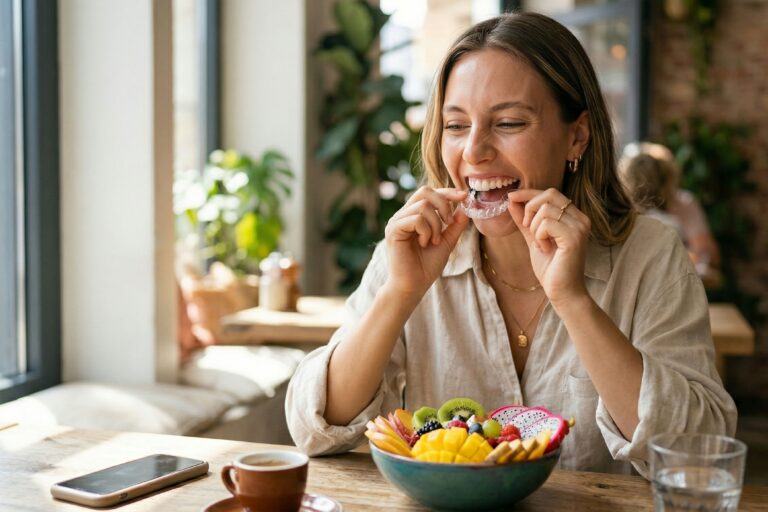 Woman seating a clear aligner tray while sitting at a café table with a bowl of fruit and a cup of coffee