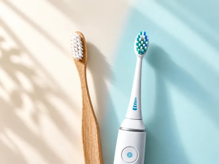 Bamboo manual toothbrush beside a white electric toothbrush on a cream and light-blue background with soft leaf shadows.