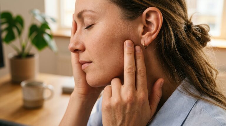 Woman touching the side of her jaw near the ear with her eyes closed.