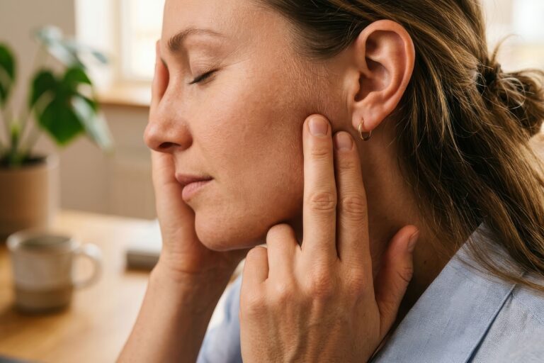 Woman touching the side of her jaw near the ear with her eyes closed.