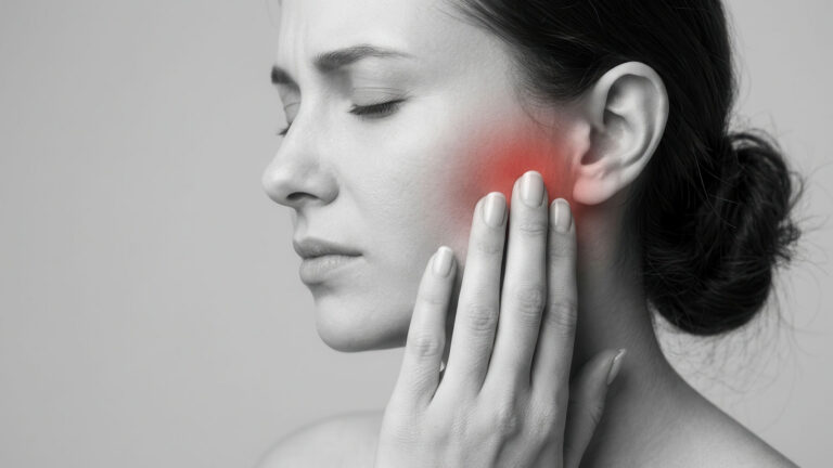 Black-and-white profile of a woman with her eyes closed, pressing her fingertips against her cheek just in front of the ear, where a red glow marks the painful area.
