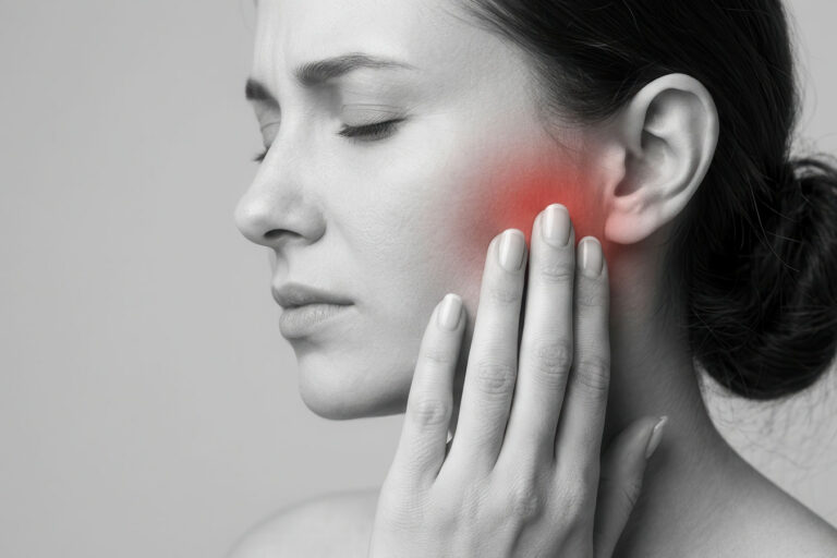 Black-and-white profile of a woman with her eyes closed, pressing her fingertips against her cheek just in front of the ear, where a red glow marks the painful area.